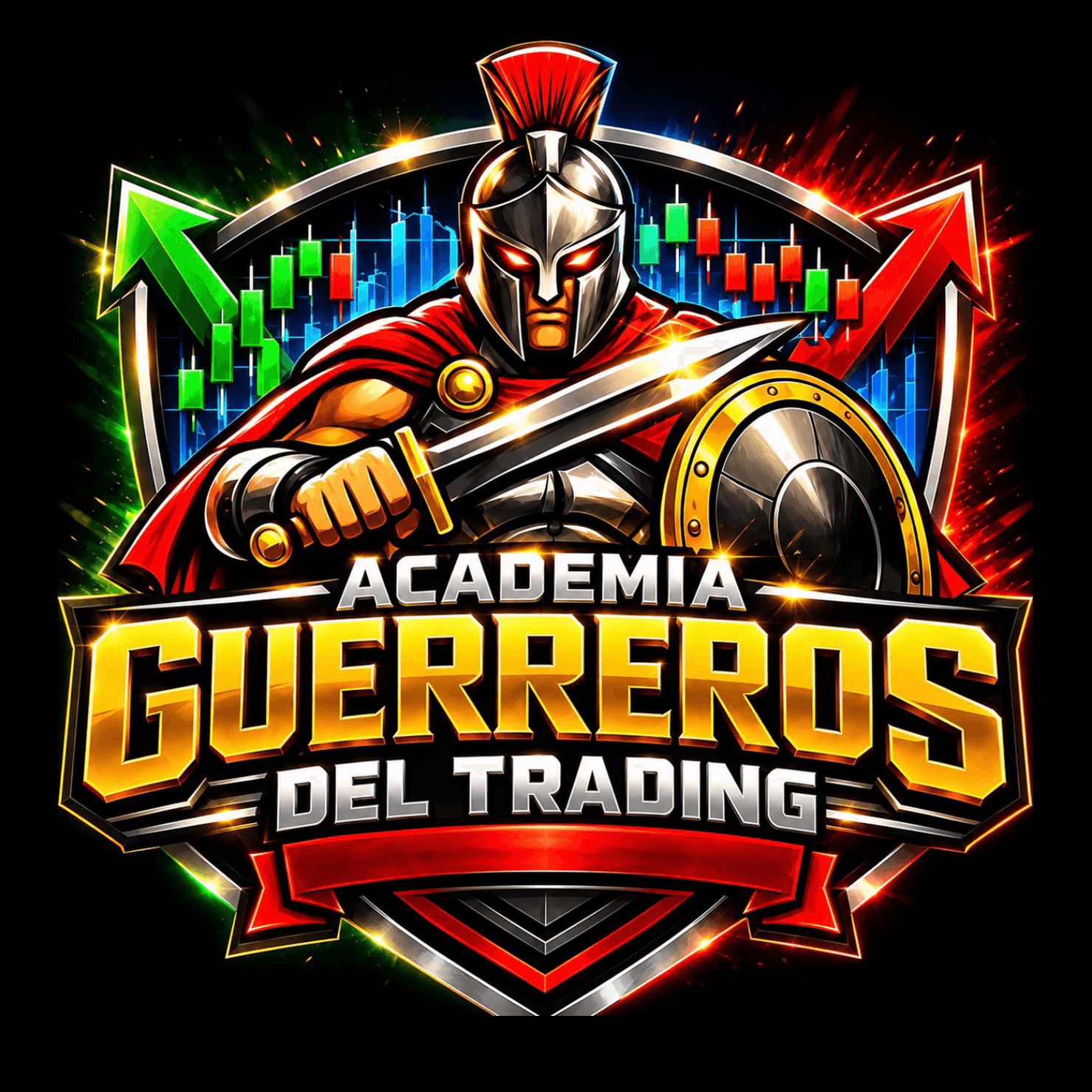Emblema de Guerreros del Trading con graficas de mercado